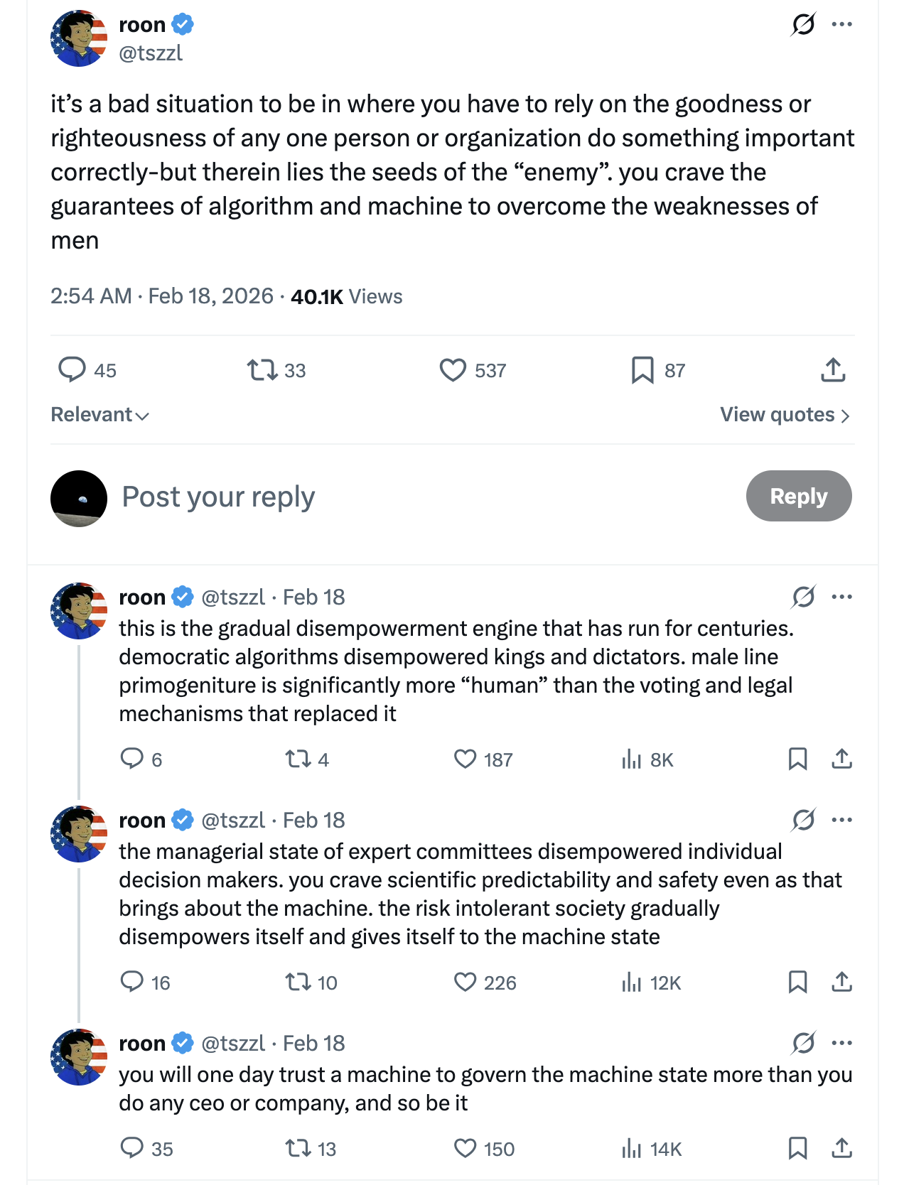 Post by roon about governance